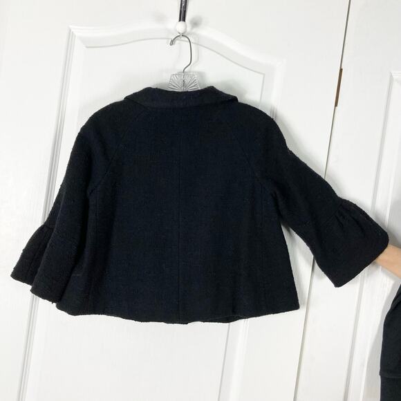 NWOT THEORY Jacket S Black Tweed Wool ¾-Tiered-Bell-Slev Crop/Waist 3-Btn Pocket - Picture 2 of 10